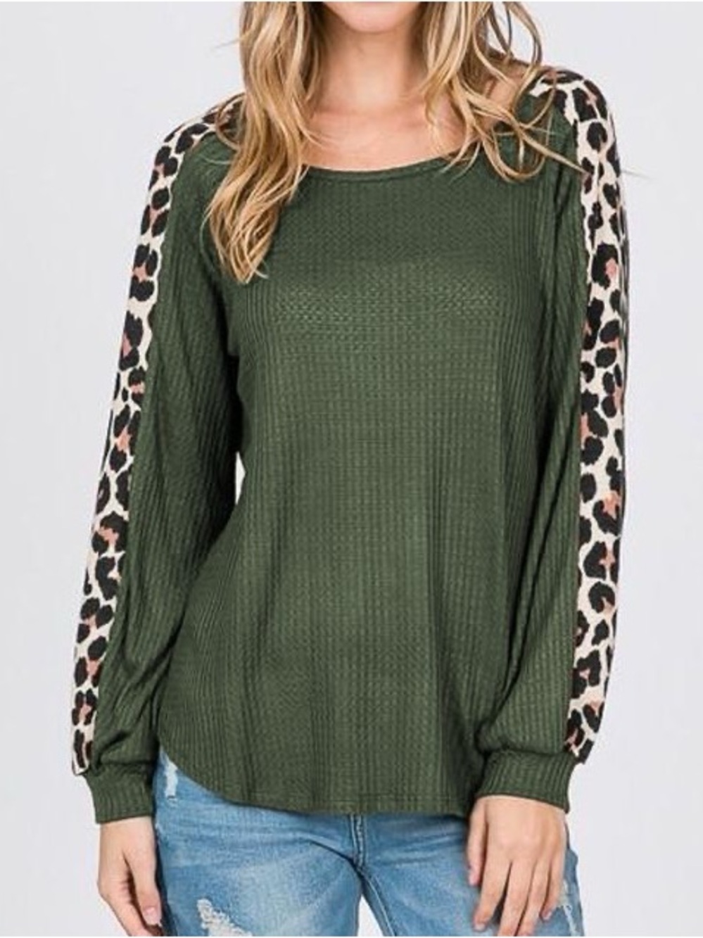 Olive Green Naggo Large is Leopard-Trim Women's Waffle Knit Top